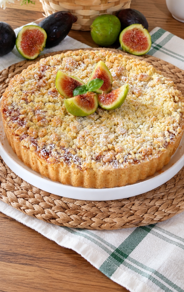 Crostata di fichi freschi con crumble croccante, decorata con fichi freschi
